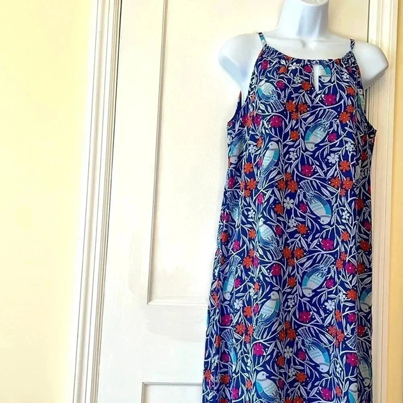 Old Navy Dress Long Women Small Bird Floral Print Blue Sleeveless Lined Cottage - Picture 1 of 17